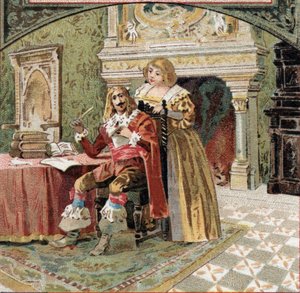Il signore di Beringhen e Madame du Fargis complottano contro Richelieu (Armand Jean du Plessis, Cardinale di Richelieu (1585-1642), ministro di Luigi XIII, al Castello di Azay-le-Rideau (Indre-et-Loire). Cromolitografia della fine del XIX secolo da French School
