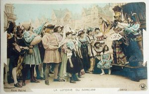 La lotteria del mago (fermo immagine da un film Pathé), cartolina dei primi anni 