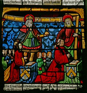 La finestra di San Luigi: I donatori Henriette de Mauroy e Simon Liboron con i loro santi patroni San Enrico e Simone di Cirene da French School