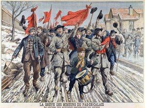 Lo sciopero dei minatori nel Pas-de-Calais, il corteo degli scioperanti nel villaggio minerario, da Le Petit Journal, 1 aprile 1906 da French School