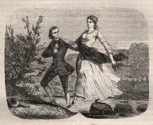 Il filosofo svizzero Jean Jacques (Jean-Jacques) Rousseau (1712-1778) aiutò Mademoiselle Galley ad attraversare un ruscello. Incisione del 1871 in "Histoire Des Cocus Célèbres" di Henry de Kock (1819-1892).