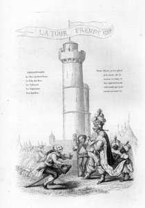La torre è attenta. Un colonnello con un fucile scende dal re, seguito da paggi. Incisione in "Chants et chansons populaire de la France", Tome 2 da French School