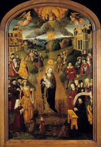 La Vergine con il grano Re Luigi XII (1462-1515) e Papa Alessandro VI (1431-1503) sono presenti. Dio Onnipotente che tiene il Globo benedice la scena mentre lo Spirito Santo protegge la Vergine e il Bambino da French School