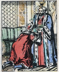 Il figlio del visir rinuncia a sposare la figlia del sultano. Incisione del racconto Le Mille e una Notte "Aladino e la lampada meravigliosa". Immagine di Epinal, fine XIX secolo. Collezione privata.