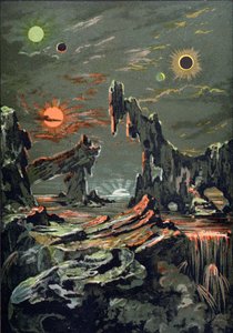 Il mondo di quattro lune e quattro soli, illustrazione da LAstronomie Populaire scritto da Camille Flammarion, 1881