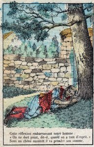 La ghianda e la zucca. Favole di Jean de La Fontaine (1621-95). Immagine di Epinal fine XIX secolo