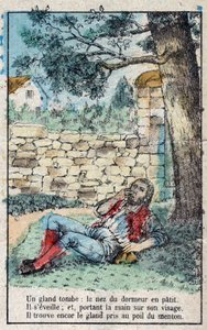 La ghianda e la zucca. Favole di Jean de La Fontaine (1621-95). Immagine di Epinal fine XIX secolo da French School
