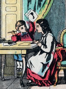 Le attività per ragazze di buone famiglie: aiutare un fratellino nei compiti - Immagine di Epinal - XIX secolo da French School