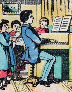 Le attività per le ragazze di buona famiglia: apprendimento della musica - Immagine di Epinal - XIX secolo (incisione)