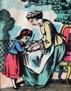 Le attività per le ragazze di buone famiglie: lezione di lettura - Immagine di Epinal - XIX secolo (incisione)