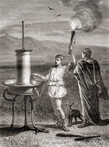 Il sistema di semaforo idraulico greco antico utilizzato da Enea per inviare un messaggio, IV secolo a.C., da Les Merveilles de la Science, pubblicato c.1870 da French School