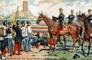 La battaglia di Solferino (Italia) tra gli eserciti franco-sardi (vincitori) e austriaci (sconfitti) nel 1859. Cromolitografia del XIX secolo