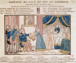 La nascita di Henri Charles Ferdinand Marie Dieudonne de France, Duca di Bordeaux, Conte di Chambord il 29 settembre 1820 da French School