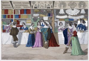 Le boutique della galleria del tribunale sotto Luigi XIII - in “Paris à travers les siècles” da French School