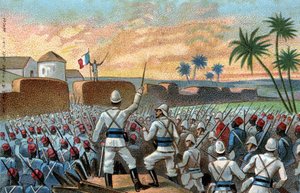 La cattura di Abomey, ex capitale di Behanzin (oggi Benin) da parte della forza di spedizione francese commissionata dal Generale Alfred Amedee Dodds (17 novembre) da French School