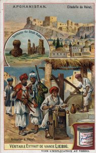 La città e gli armaioli della città di Herat in Afghanistan e la tomba di Shah Rukh. Cromolitografia del XIX secolo da French School