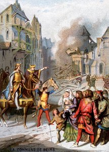 Il comune di Reims (1160) - Rappresaglie di Luigi VII per distruggere le libertà comunali dei borghesi di Reims. Cromolitografia della Serie "Patriotic Education through Image" da French School