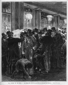 La crisi del 16 maggio 1877: lettura delle ultime notizie sul boulevard des Italiens a Parigi. Questa crisi politica francese è il risultato della lettera di Mac Mahon (Mac-Mahon) che critica l
