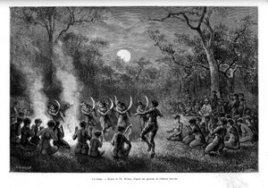 La danza del boomerang intorno al fuoco tra gli aborigeni australiani - in "Tour du Monde" da French School