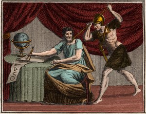 La morte di Archimede durante la cattura di Siracusa, Sicilia, da parte dei soldati romani nel 212 a.C. da French School