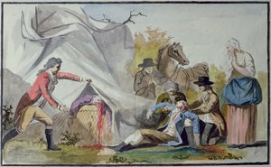 La morte di François Pilâtre de Rozier (1754-85) vicino a Boulogne il 15 giugno 1785 dopo aver tentato di attraversare la Manica in un pallone Mongolfiera da French School