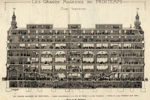 I grandi magazzini Printemps nel 1889, sezione longitudinale, da Rue du Havre a Rue Caumartin, disegno di Berteault, collezione Bianchetti da French School