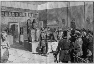 La spoliazione della Mummia di Sesostri (Ramses II) al Museo di Boulaq (Cairo, Egitto) da Gaston Maspero alla presenza del chedivè Tewfik. Incisione in “Il Mondo Illustre” 1886. da French School