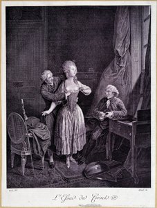 La prova del corsetto (due uomini e una donna con seni scoperti) - incisione del XVIII secolo da French School