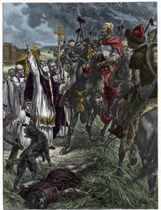 Il vescovo Saint Loup di Troyes ferma Attila re degli Unni prima di Troyes - Invasioni barbariche - Incisione dopo il dipinto di H. Grobert da French School