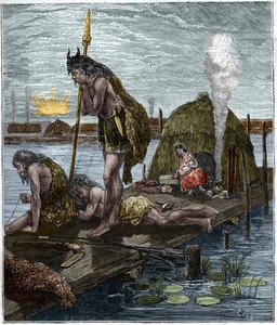 I primi parigini, o abitanti di Lutetia (Parigi) (capanna su palafitte) Incisione da 