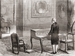 La prima dimostrazione nel 1774 del telegrafo elettrico, inventato da Georges-Louis Le Sage, da Les Merveilles de la Science, pubblicato c.1870 da French School