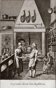 Il primo dovere di un anfitrione - incisione in Almanacco dei buongustai, che serve da guida nei modi per fare eccellenti cari. Di un vecchio amatore di Alexandre Balthazar Laurent Grimod de la Reynière - 1804-1812