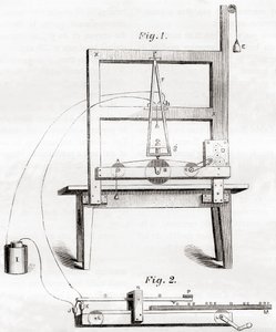 Il primo telegrafo elettrico inventato da Samuel Morse nel 1837, da Les Merveilles de la Science, pubblicato c.1870