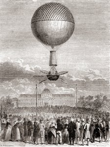 Il primo volo in mongolfiera di successo di Jean-Pierre François Blanchard il 2 marzo 1784, in un pallone a gas idrogeno lanciato dal Champ de Mars, Parigi, Francia, da Les Merveilles de la Science, pubblicato c.1870 da French School