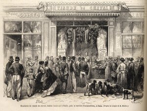 La macelleria di cavallo alla barriera di Fontainebleau (Parigi) aperta nel 1866 - macelleria equina - Macelleria di carne di cavallo Boulevard Italie presso la barriera di Fontainebleau 1866) Incisione in "Le monde illustré" del 1866