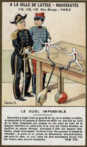 Il duello impossibile: carta per bambini che spiega un gioco da costruire. Cromolitografia del XIX secolo