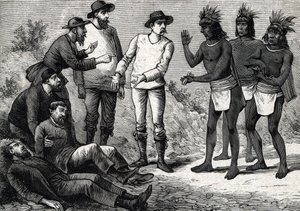 Gli abitanti del Perù aiutano gli europei coloniali affetti da malaria con la cinchona (incisione) 1888