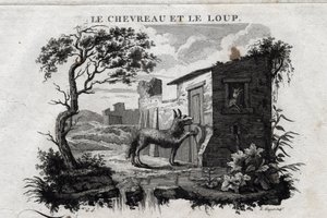 Il capretto e il lupo. Favola di Esopo. (Scrittore greco Esopo o Ecopo, VI secolo a.C.) Scritta da Guillaume Montfort e incisa da Beauble nel 1801. da French School