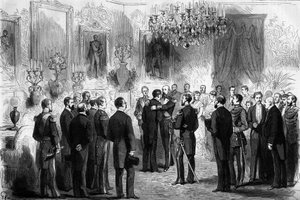 Il re di Svezia Oscar II riceve gli esploratori Nils Adolf Erik Baron Nordenskjold e il tenente Palander al Palazzo Reale di Stoccolma. Nel 1878 Nordenskjold passò dall