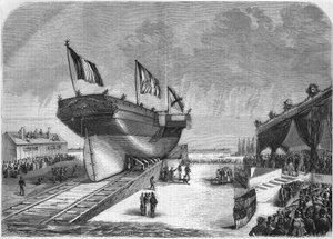 Il varo del piroscafo Quirinal a La Seyne nel 1857 (Compagnie des Messageries Maritimes). Incisione del 1857 da French School