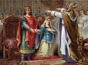 Il matrimonio di Clodoveo (481-511) Re dei Franchi con Clotilde nel 493. Cromolitografia della fine del XIX secolo