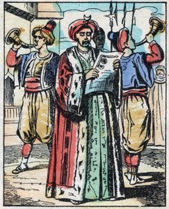 Il matrimonio della figlia del Sultano con il figlio del Gran Visir è annunciato da un lettore pubblico. Incisione del racconto Mille e una notte "Aladino e la lampada meravigliosa". Immagine di Epinal, fine XIX secolo. Collezione privata