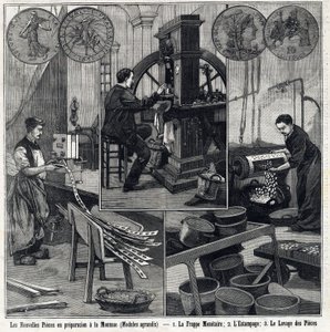 Le nuove monete francesi in preparazione hanno le monete e le fasi di fabbricazione (tipografia monetaria, stampaggio e lavaggio delle monete). In 