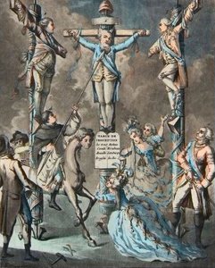 Il nuovo calvario, Luigi XVI messo in croce dalle rivolte - 2. e 3. Monsieur (Louis Stanislas Xavier, Conte di Provenza (1755-1824), Luigi XVIII) e il Conte di Artois (Charles Philippe (1757-1836) Carlo X), fratelli del Re, appoggiati dai decreti da French School