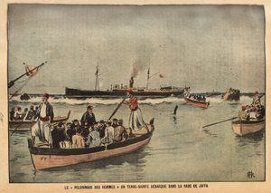 Il pellegrinaggio degli uomini in Terra Santa a Jaffa (Israele). Incisione in "Le pelerin" 8/09/1901. Collezione Selva. da French School