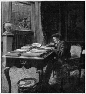 Il drammaturgo Victorien Sardou (1831-1908) nel suo ufficio. Incisione in 
