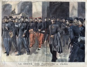 Lo sciopero dei postini: soldati e guardie municipali incaricati della distribuzione delle lettere a Parigi. Incisione del 1899 in "La petite Gironde" da French School