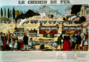 La ferrovia. Viaggiatori nei vagoni del treno salutati dalla folla. Incisione. Immagine di Epinal da French School
