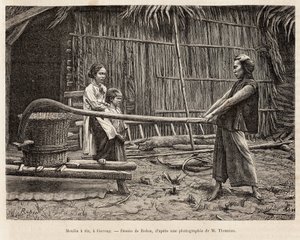 Il mulino del riso, davanti alla casa di un contadino a Gocong, incisione da un disegno di Robin illustrando il viaggio in Cocincina, del Dottor Morice, nel 1872, pubblicato in 