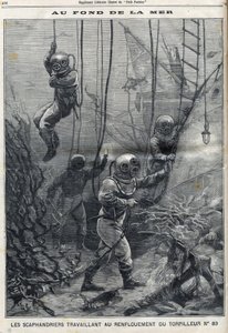 Gli scafandri lavorano al salvataggio del siluro 83 affondato nella baia di Douarnenez in Bretagna, in "Le Petit Parisien".